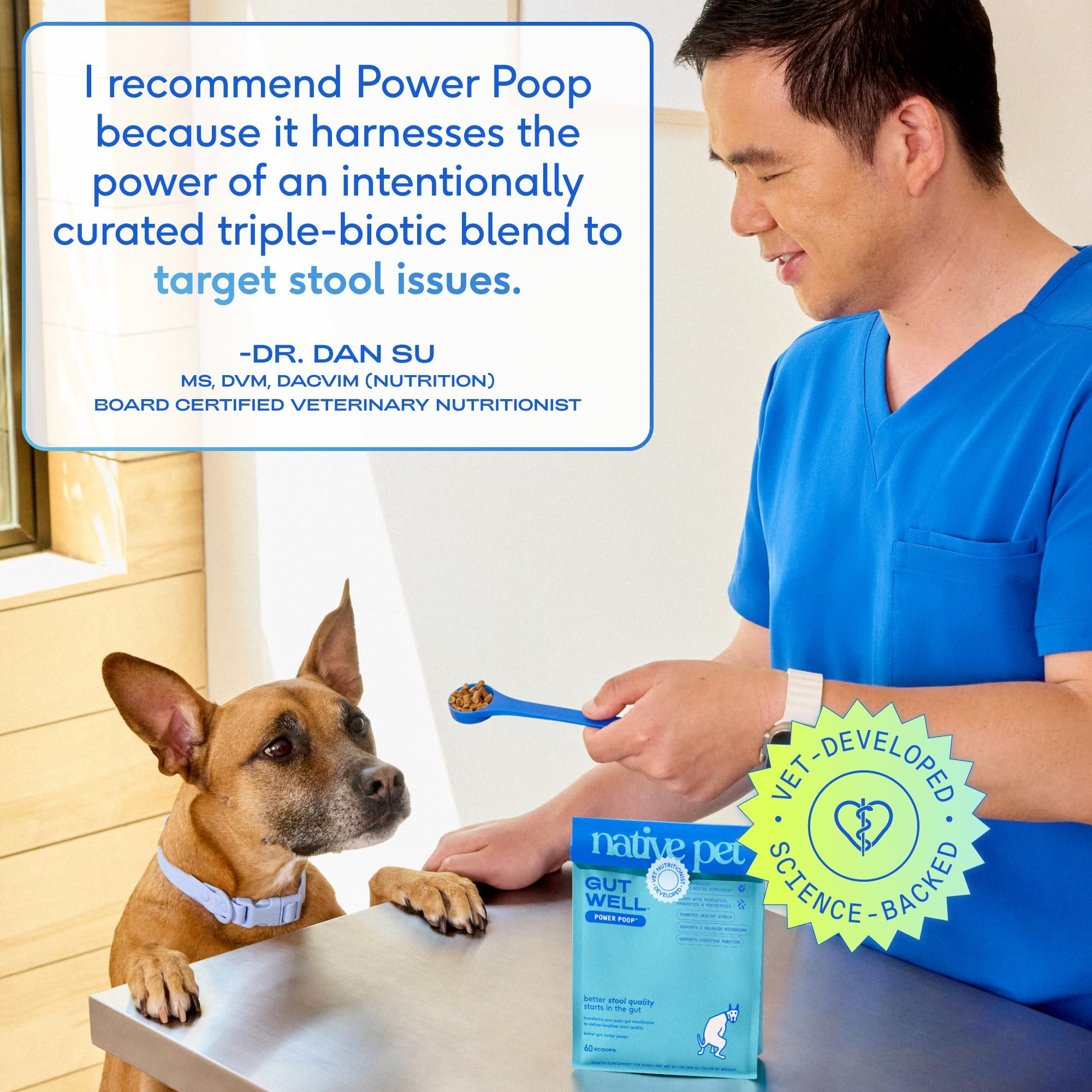 Close-up of Native Pet GutWell Power Poop triple-biotic blend in powder form
