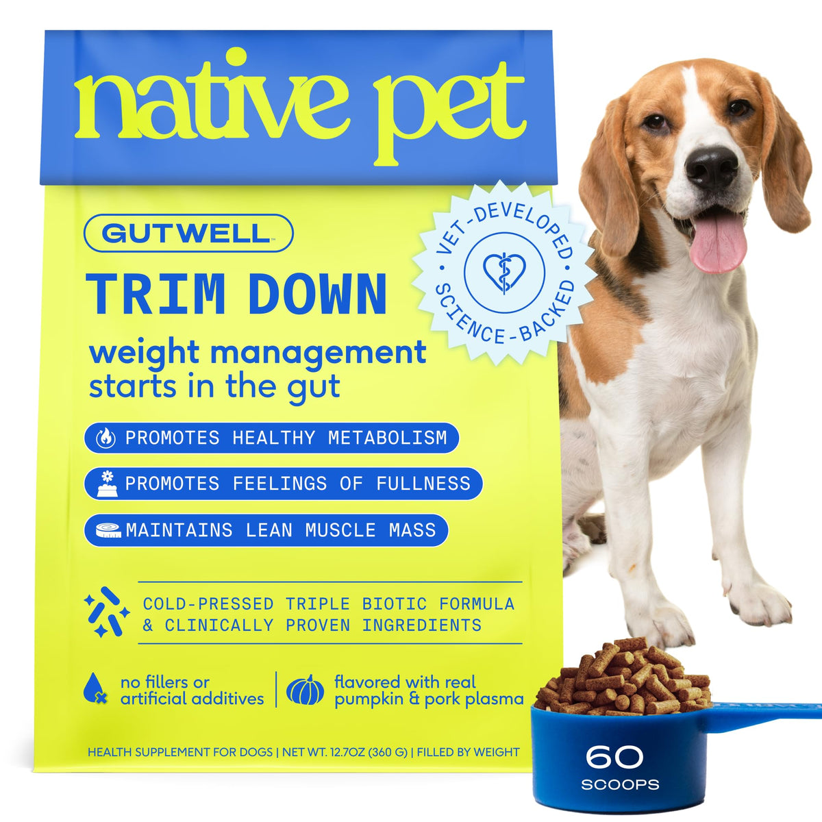 Native Pet GutWell Trim Down bottle being poured for easy dosing