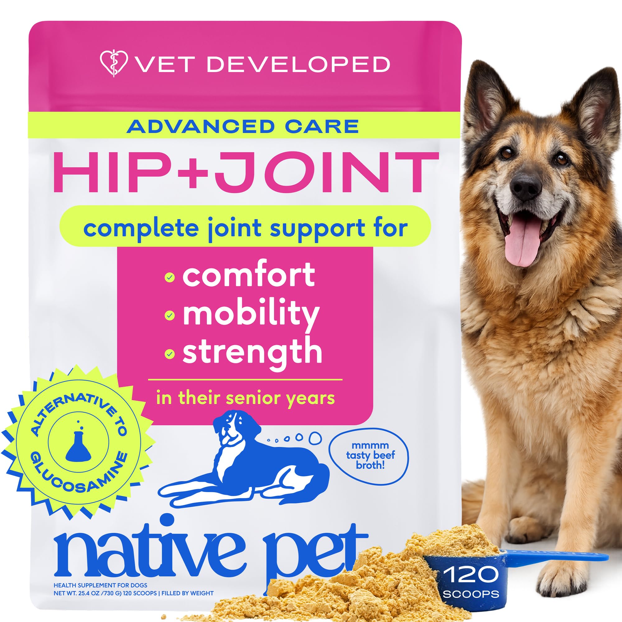 Native Pet Hip & Joint Advanced Care powder bottle supports mobility and joint comfort.