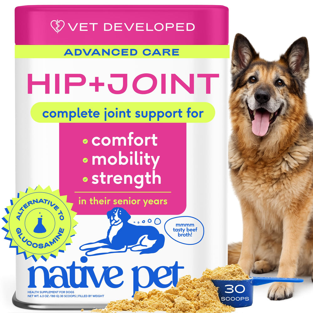 Native Pet Hip Joint Advanced Care Powder supports aging dogs' mobility.