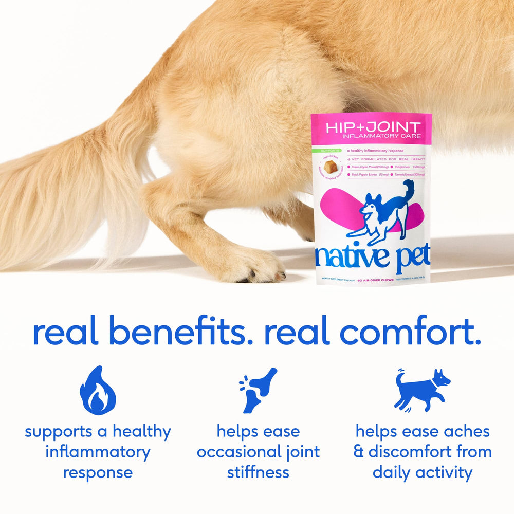 Native Pet supplement highlights green-lipped mussel and omega fats for joints.