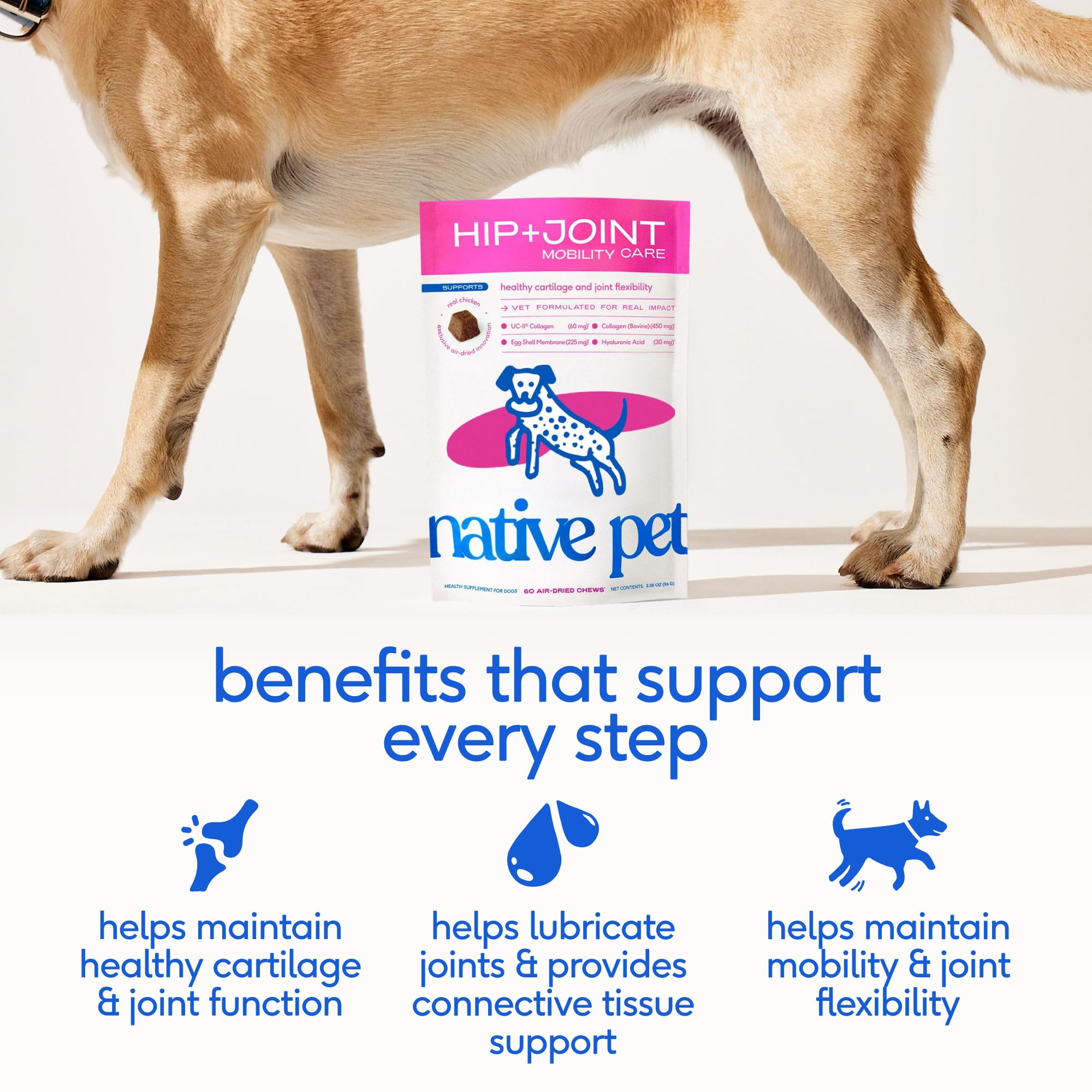 Native Pet Mobility Care chews closeup showing tasty air-dried formula dogs enjoy.