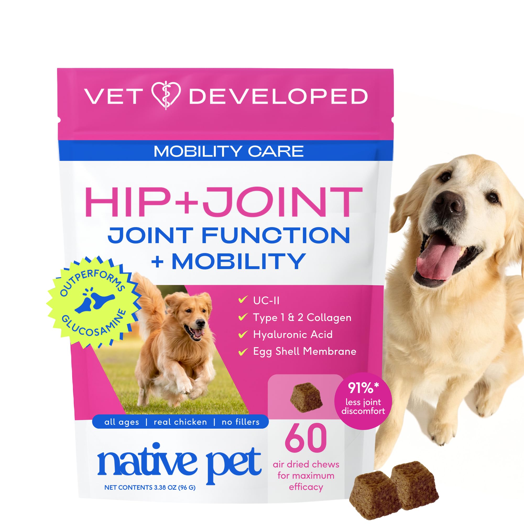 Native Pet Mobility Care hip and joint chews support flexible movement.