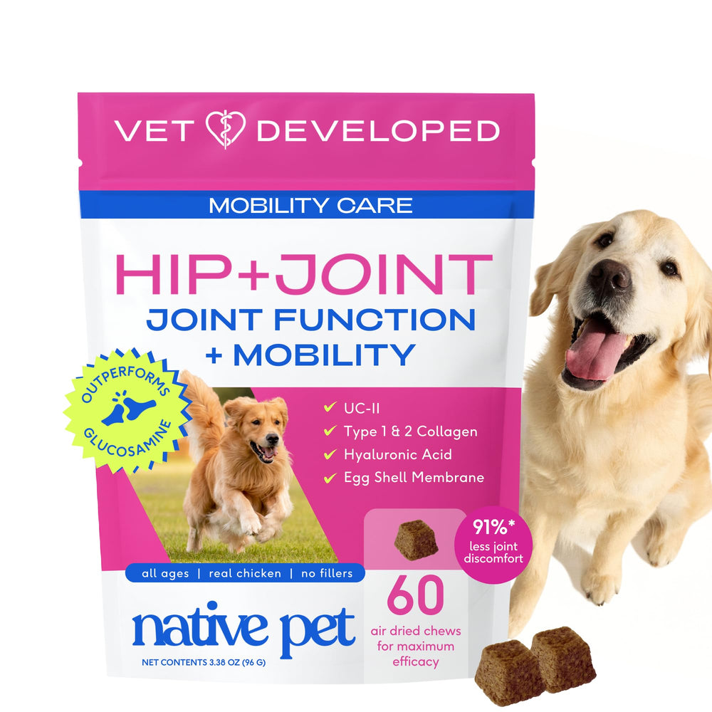 Native Pet Mobility Care hip and joint chews support flexible movement.