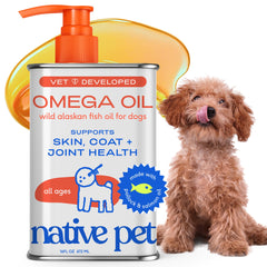 Native Pet Omega 3 bottle pour shows easy daily dosing for dogs and cats.