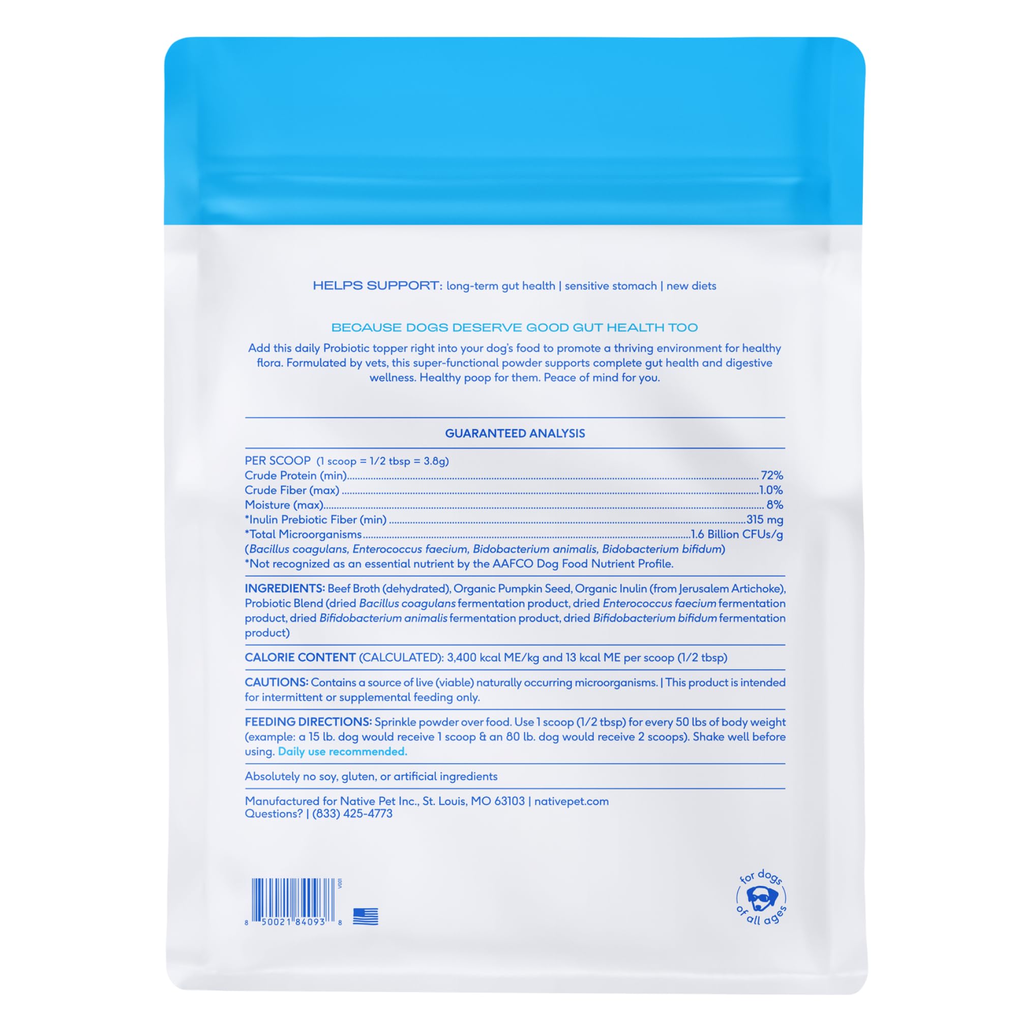 Native Pet Probiotics all-life-stages serving shows flexible dosing from puppy to senior