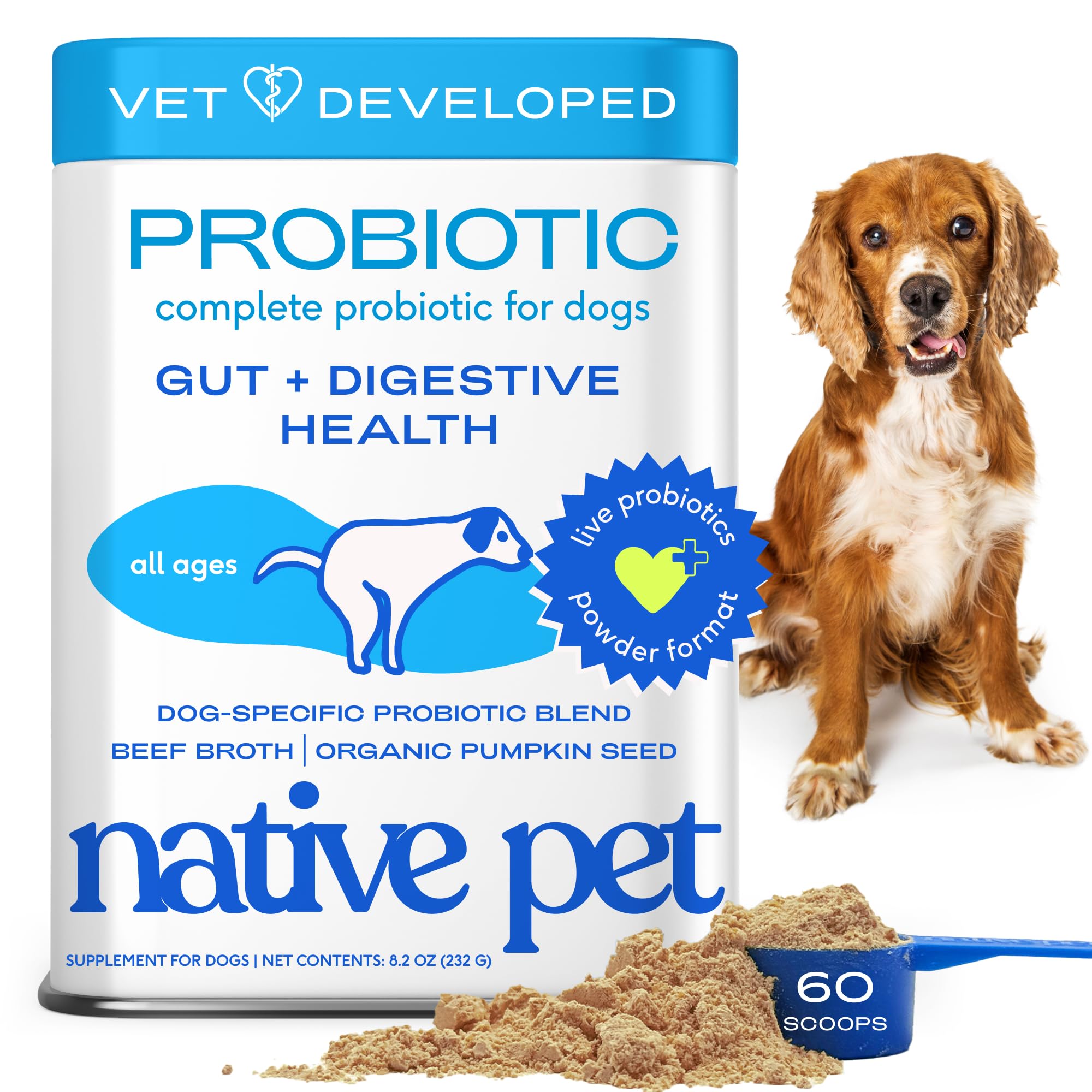 Native Pet Probiotics for Dogs powder bottle supports gut health