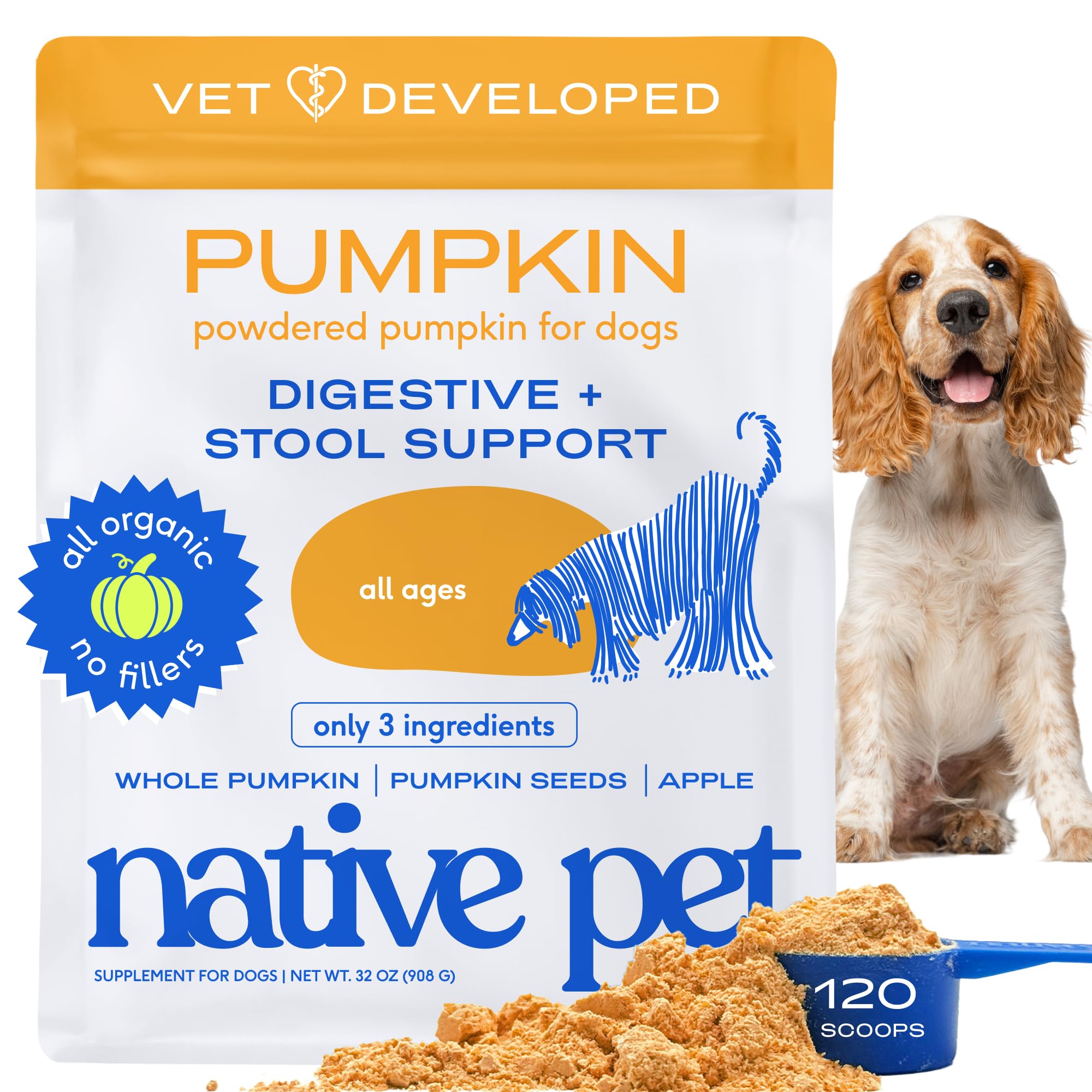 Native Pet Pumpkin for Dogs bottle with organic powder ready to scoop for firm stools.