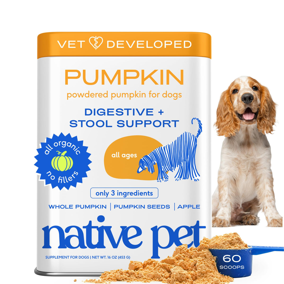 Native Pet pumpkin for dogs powder topper enhances meals with fiber for digestive comfort