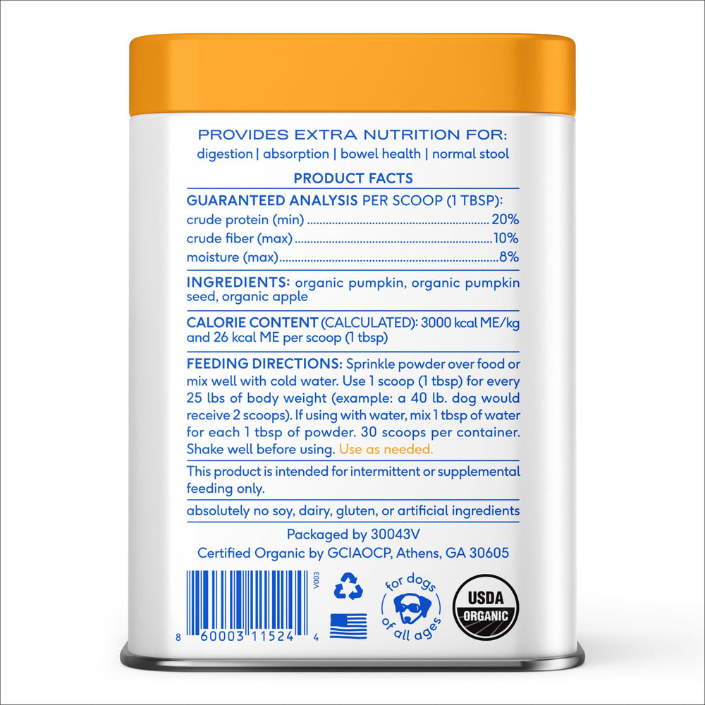 Native Pet Pumpkin Powder suitable for all dogs; sprinkle over food.