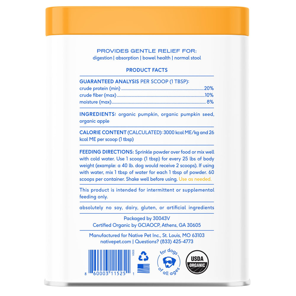 Native Pet pumpkin powder mixing into food; quick mess-free serving