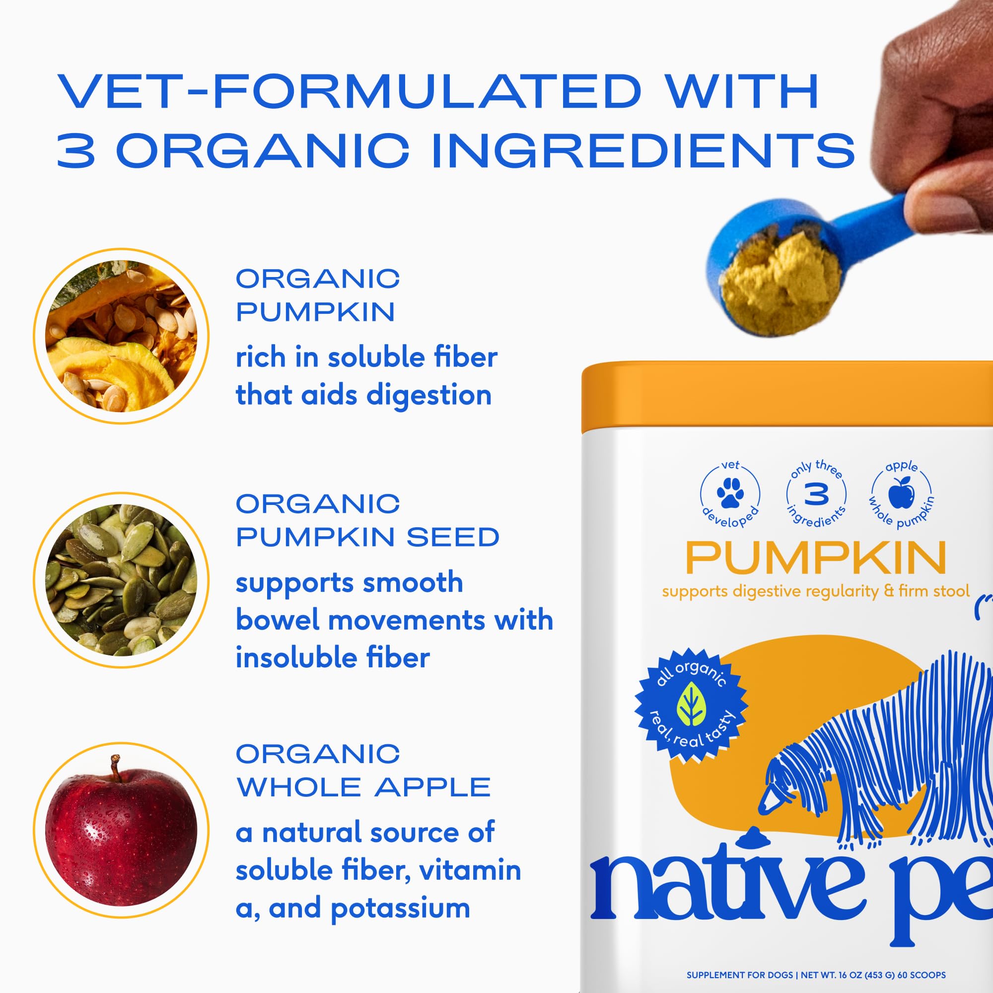 Native Pet Pumpkin Powder sprinkled over meals to support firm stools.