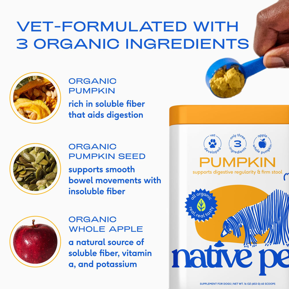 Native Pet Pumpkin Powder sprinkled over meals to support firm stools.