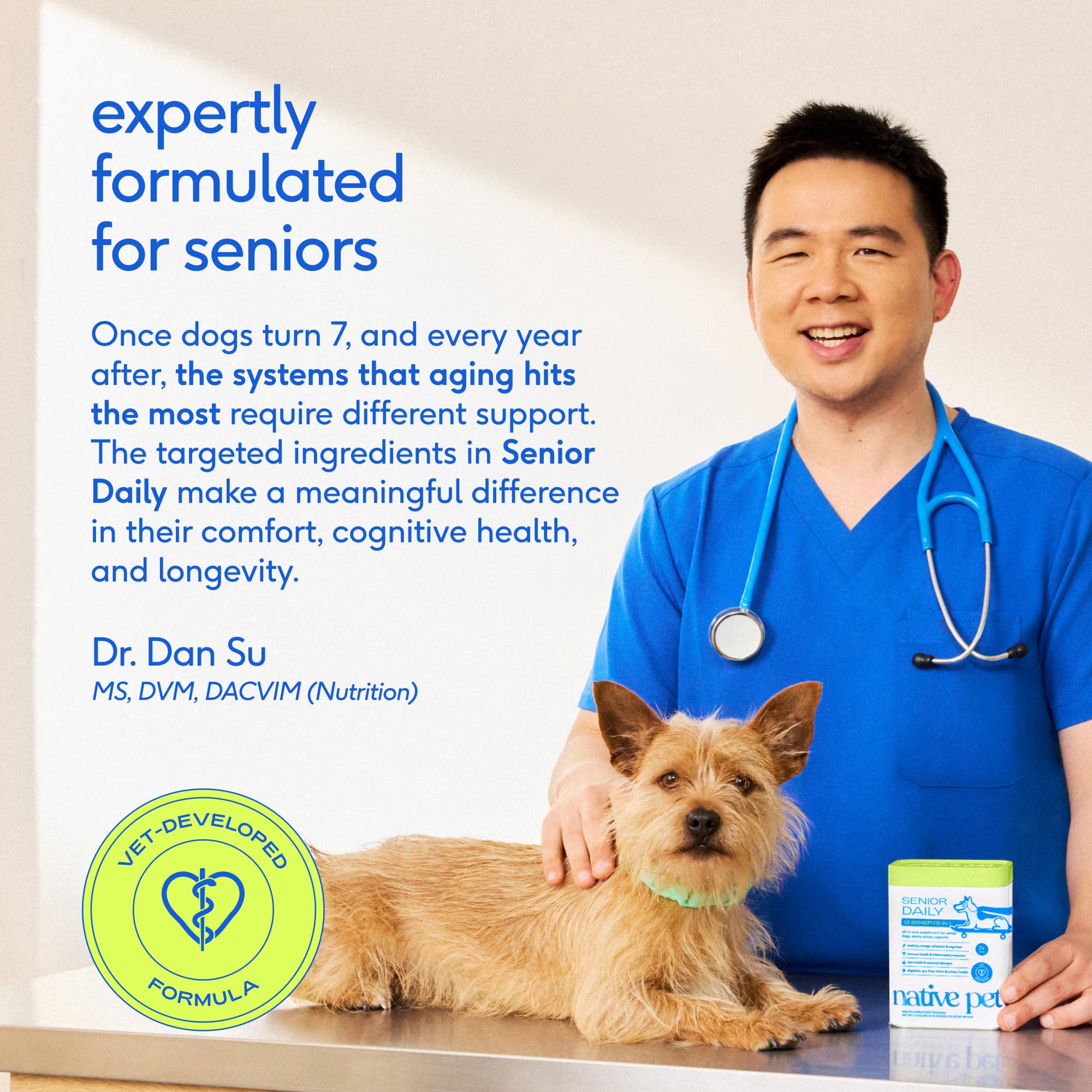 Native Pet Senior Dog Vitamins bag with measurement scoop on kitchen counter.