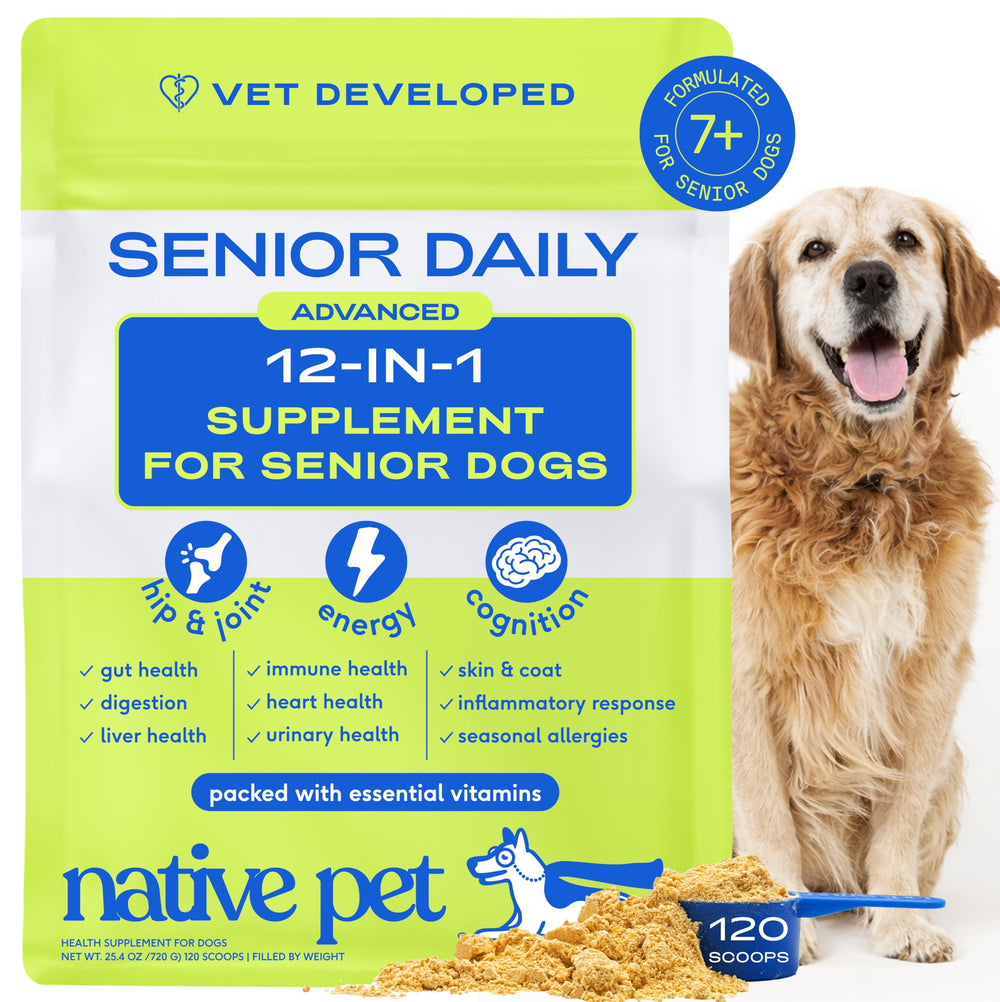 Native Pet Senior Dog Vitamins bottle front for mobility and vitality.