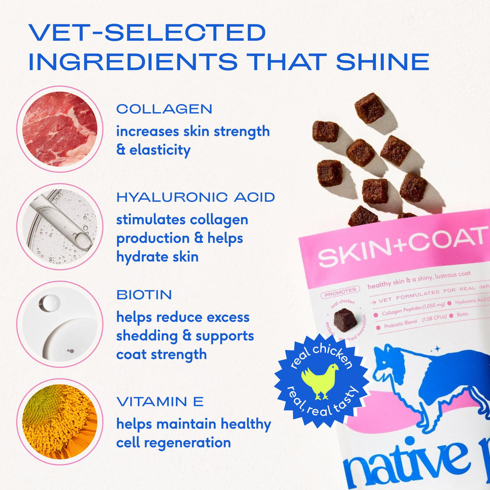 Native Pet Skin & Coat Chews ingredient highlights collagen and omega-3.