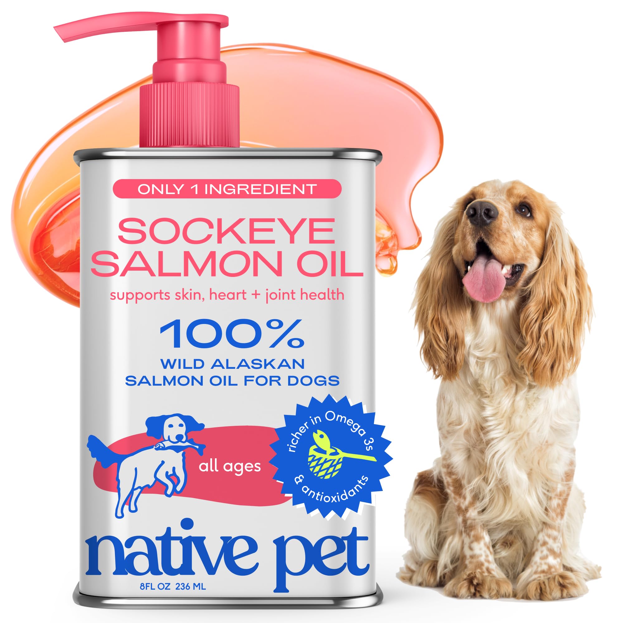 Native Pet Sockeye Salmon Oil bottle with pump for easy dosing, supports daily joint and coat care.