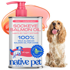 Native Pet Sockeye Salmon Oil bottle with pump for easy dosing, supports daily joint and coat care.
