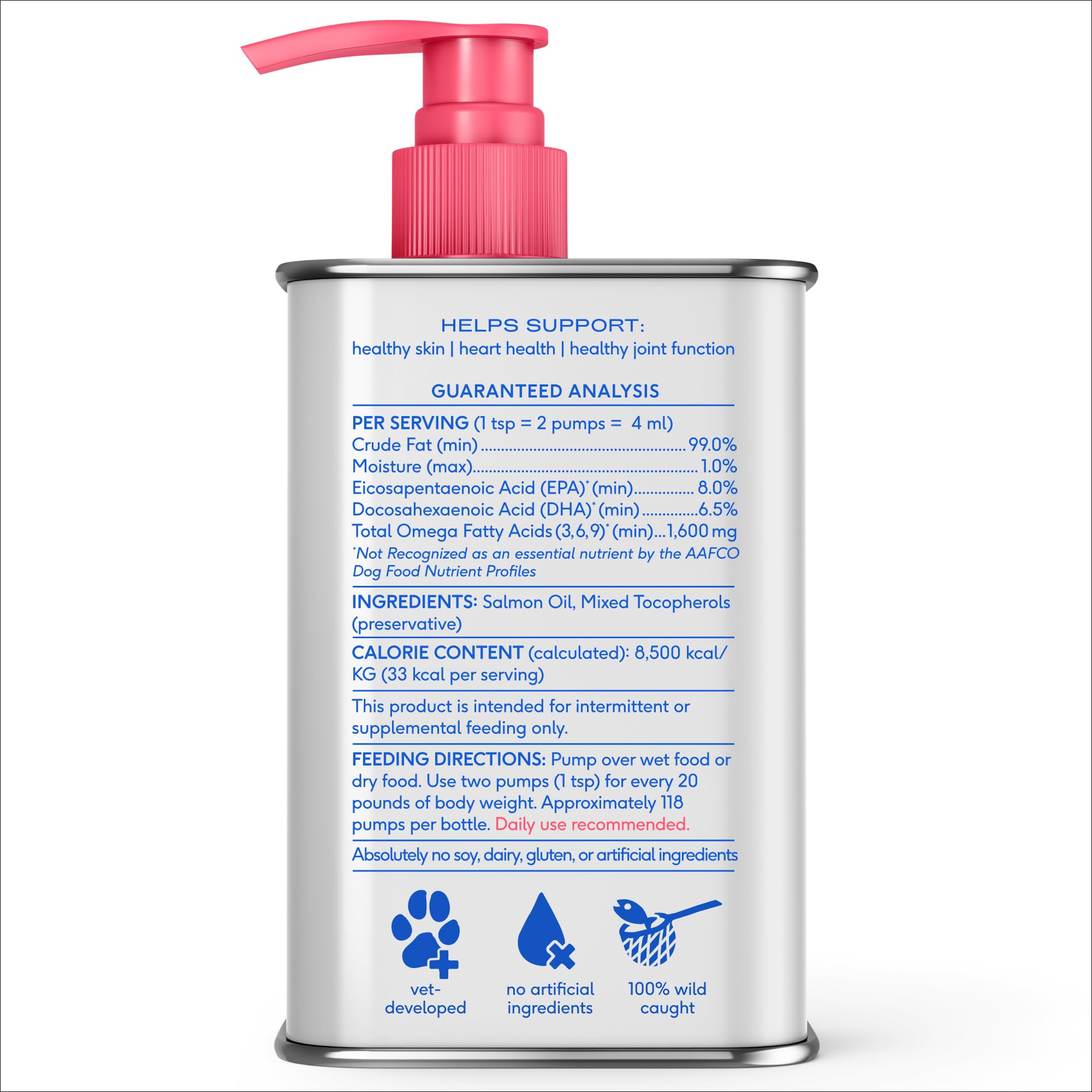 Coat shine and skin health from daily salmon oil.