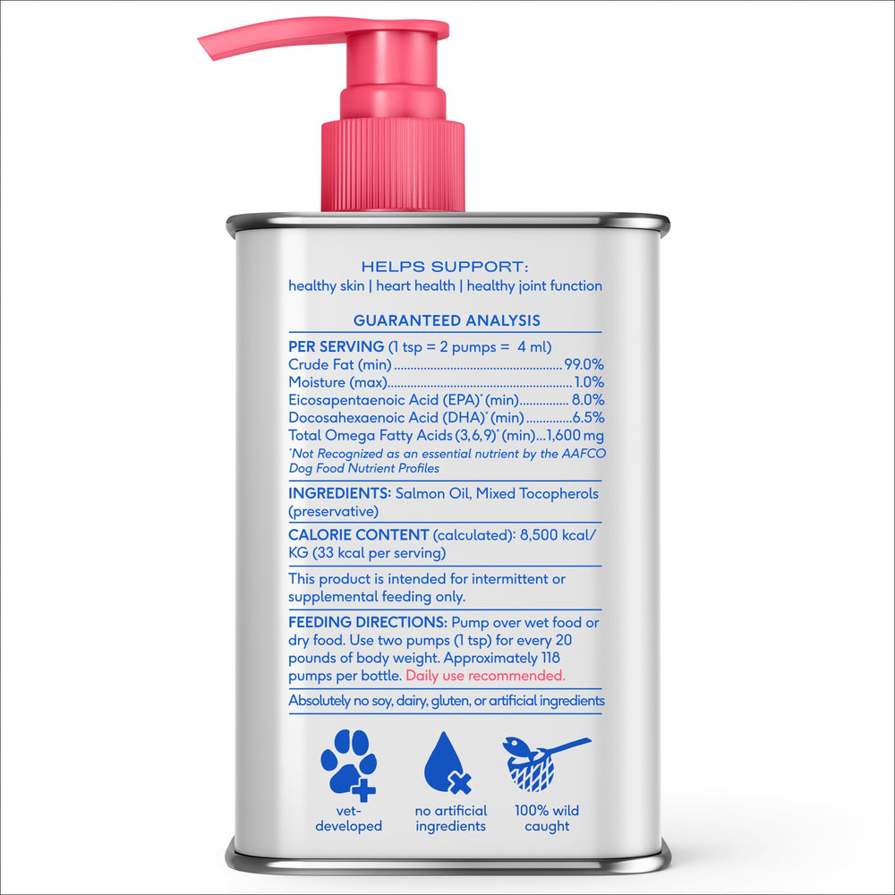 Coat shine and skin health from daily salmon oil.