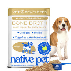 Native Pet turkey bone broth powder sprinkled on kibble boosts flavor and nutrition.