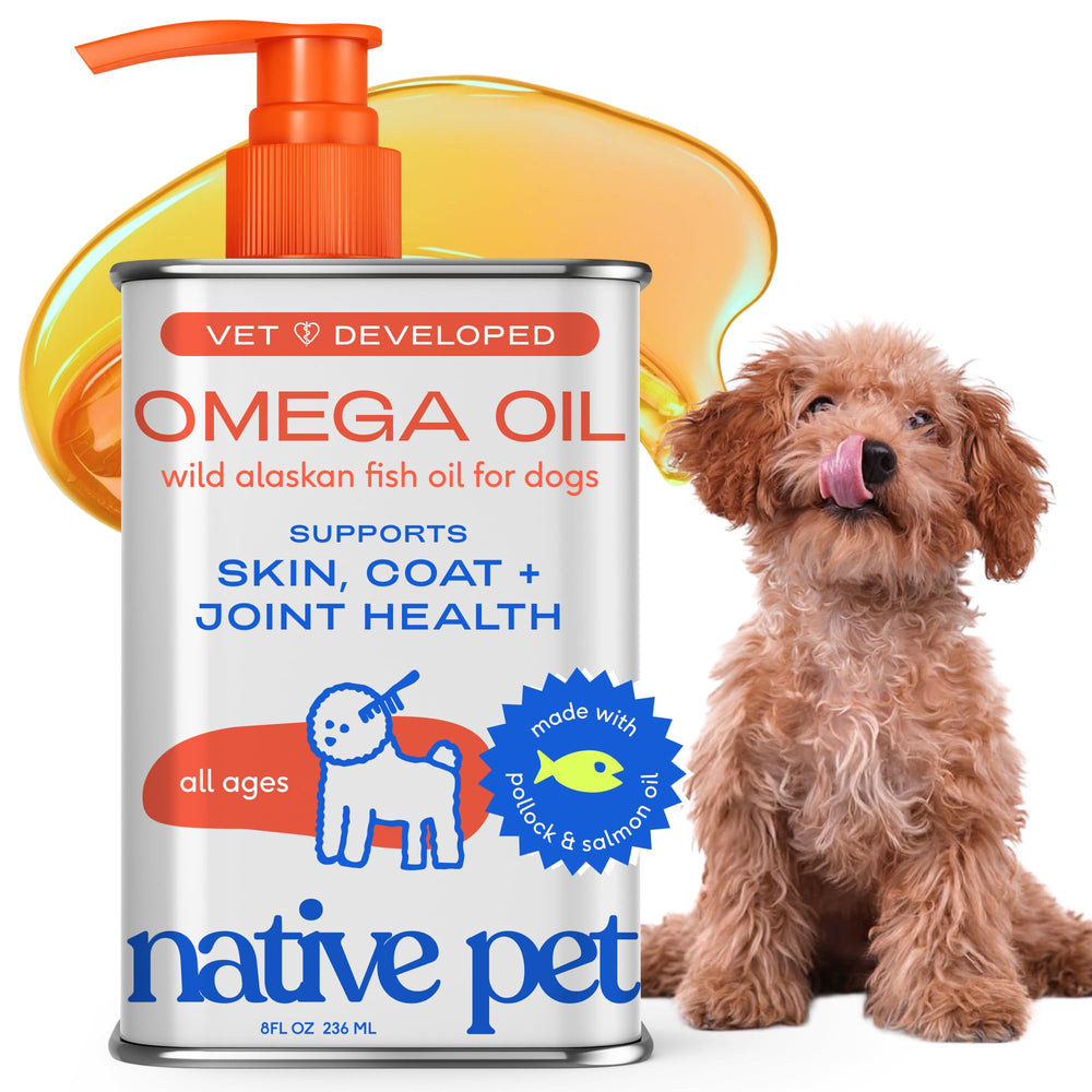 Native Pet Omega 3 Salmon Oil bottle pump for easy dosing on dogs and cats.