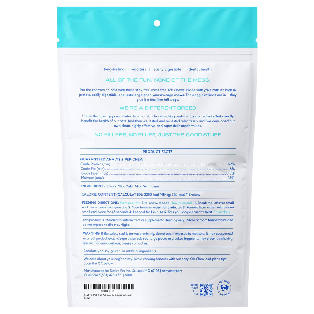 Native Pet Yak Cheese Himalayan Dog Chews ingredients label shows natural ingredients.