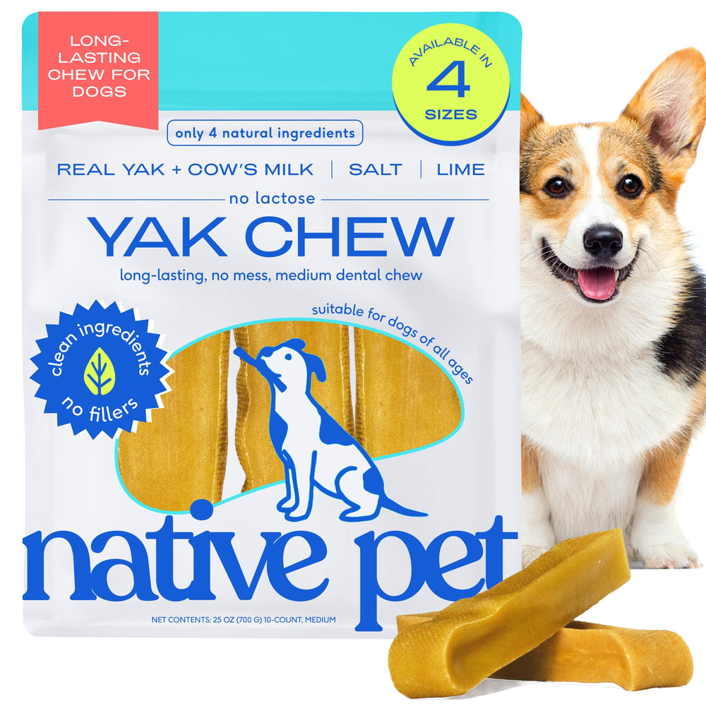 Native Pet Yak Cheese Himalayan Dog Chews pack highlighting long-lasting chew for medium dogs.
