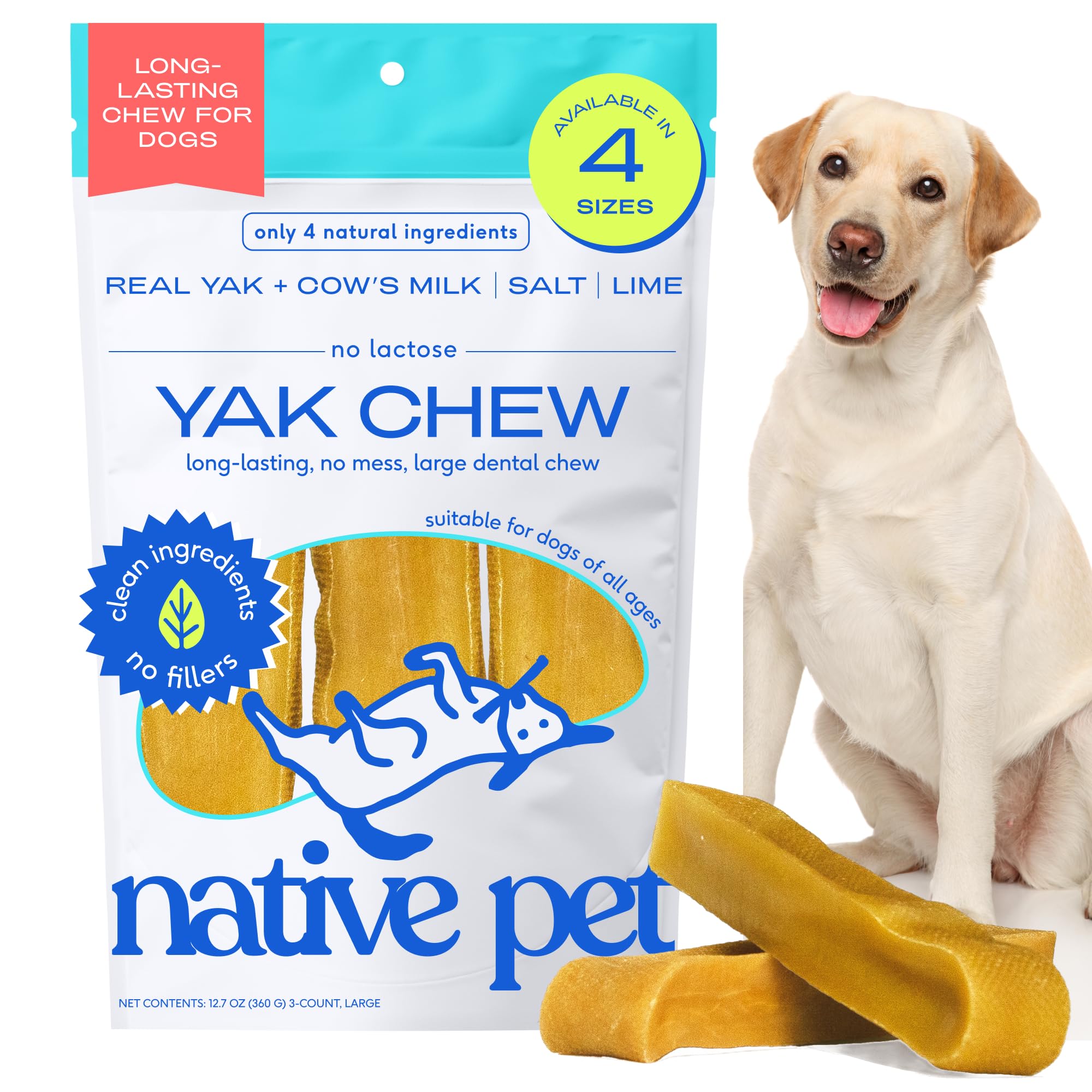 Native Pet Yak Cheese Himalayan Dog Chews packaging shows a 3-pack for large breeds.