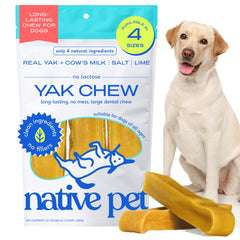 Native Pet Yak Cheese Himalayan Dog Chews packaging shows a 3-pack for large breeds.