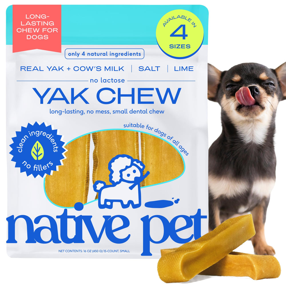 Native Pet Yak Chews pack-15 for small breeds, long-lasting dental rewards.