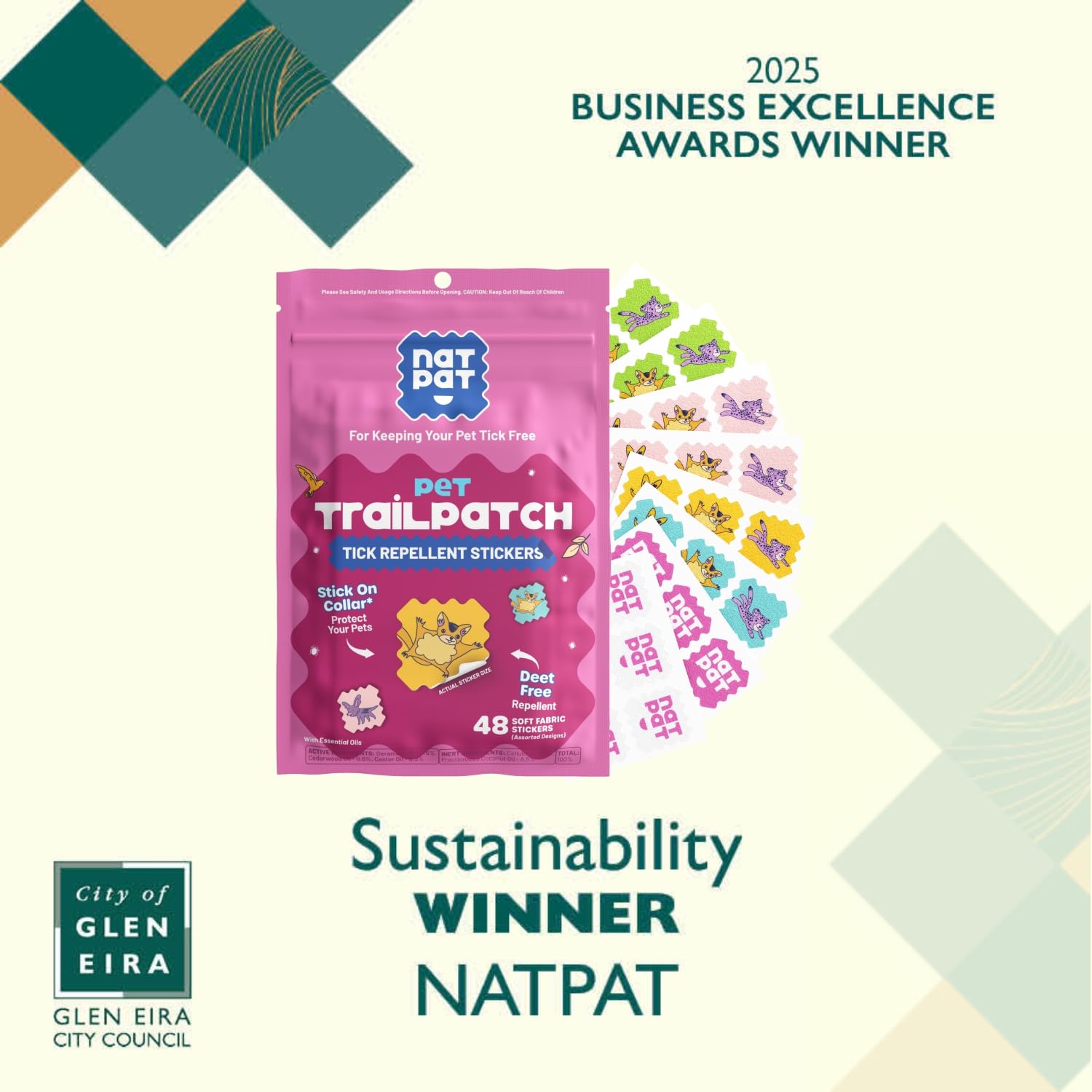 NATPAT patches for cats packaging; safe, mess-free tick defense