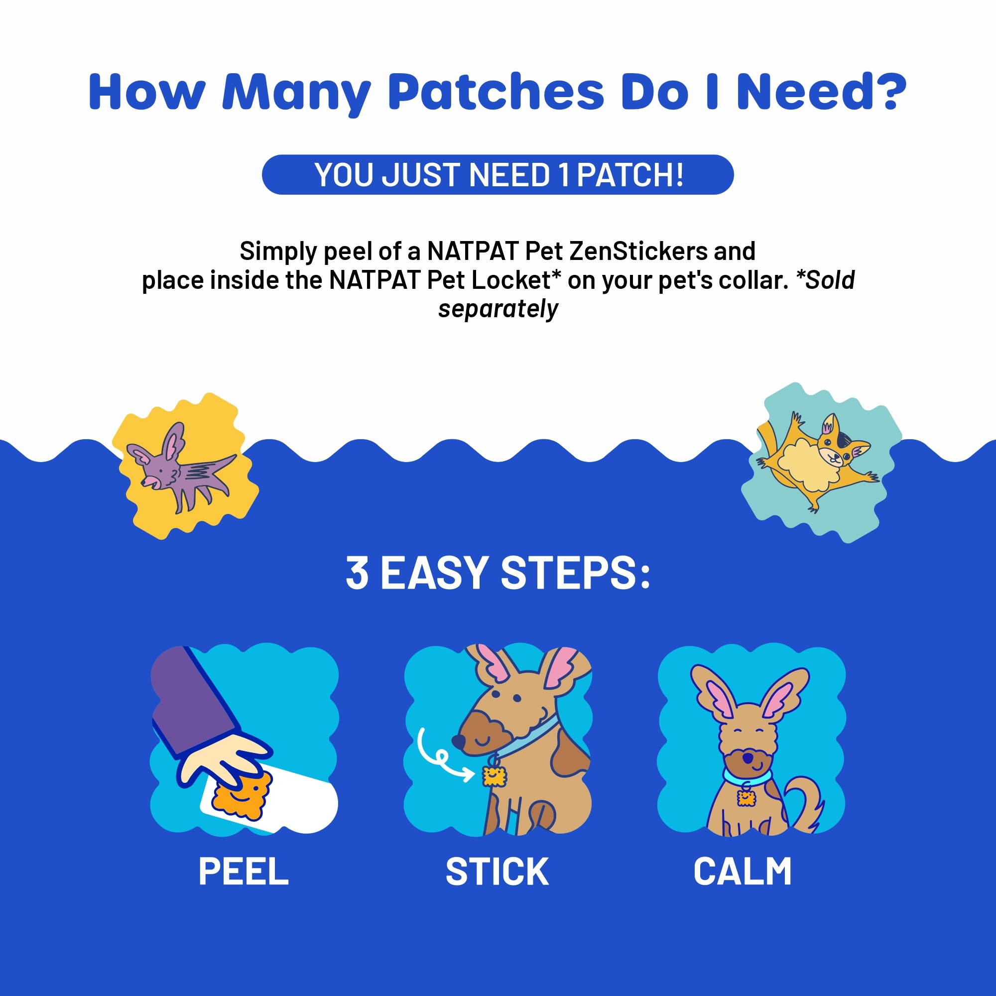 NATPAT Pet Zen Patch shown with locket for extended calming options.