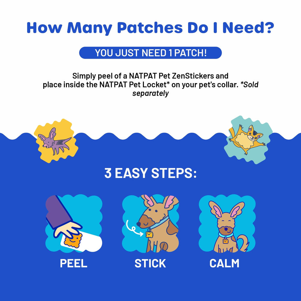 NATPAT Pet Zen Patch shown with locket for extended calming options.