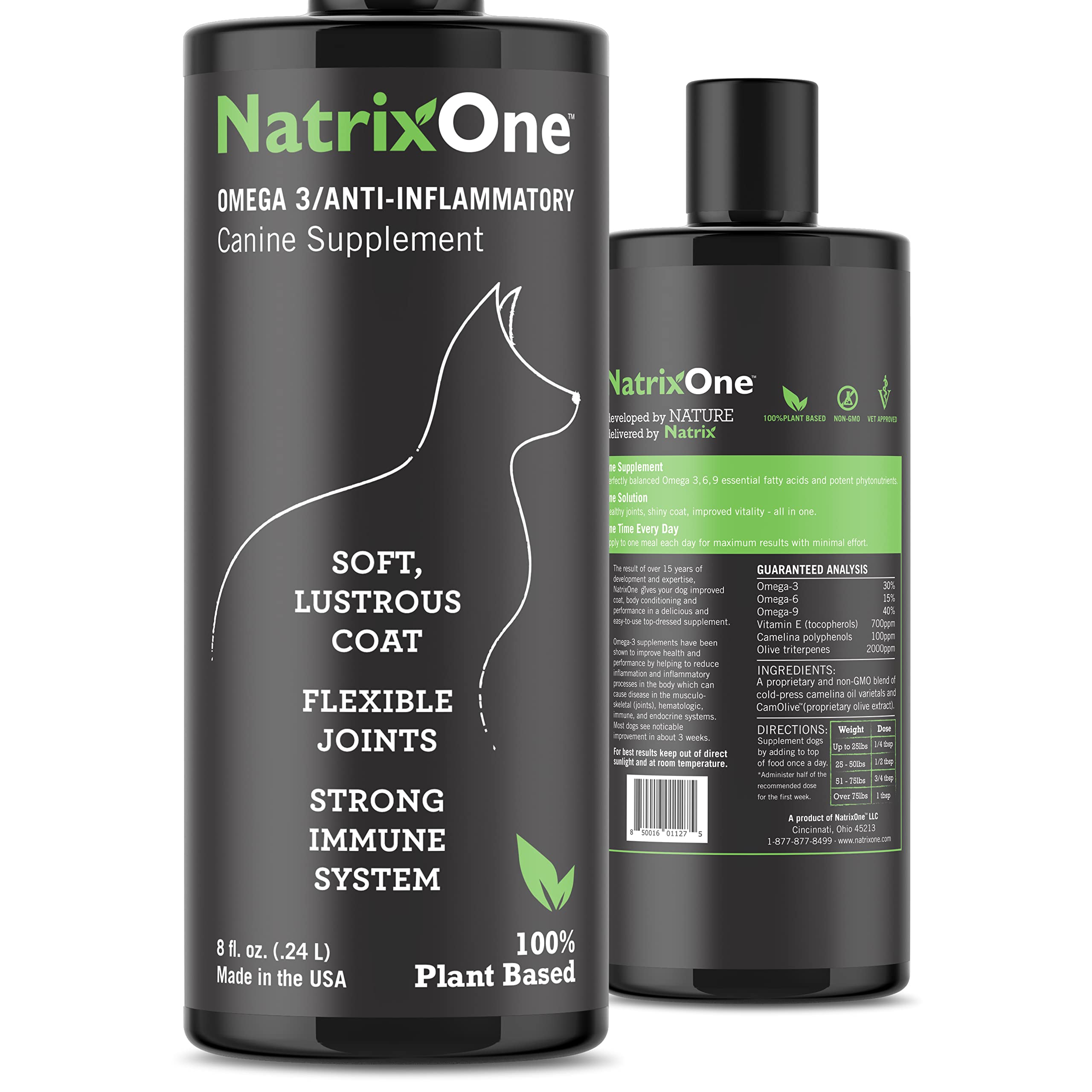 NatrixOne Camelina Oil for Dogs bottle supports skin and coat health with plant-based sources