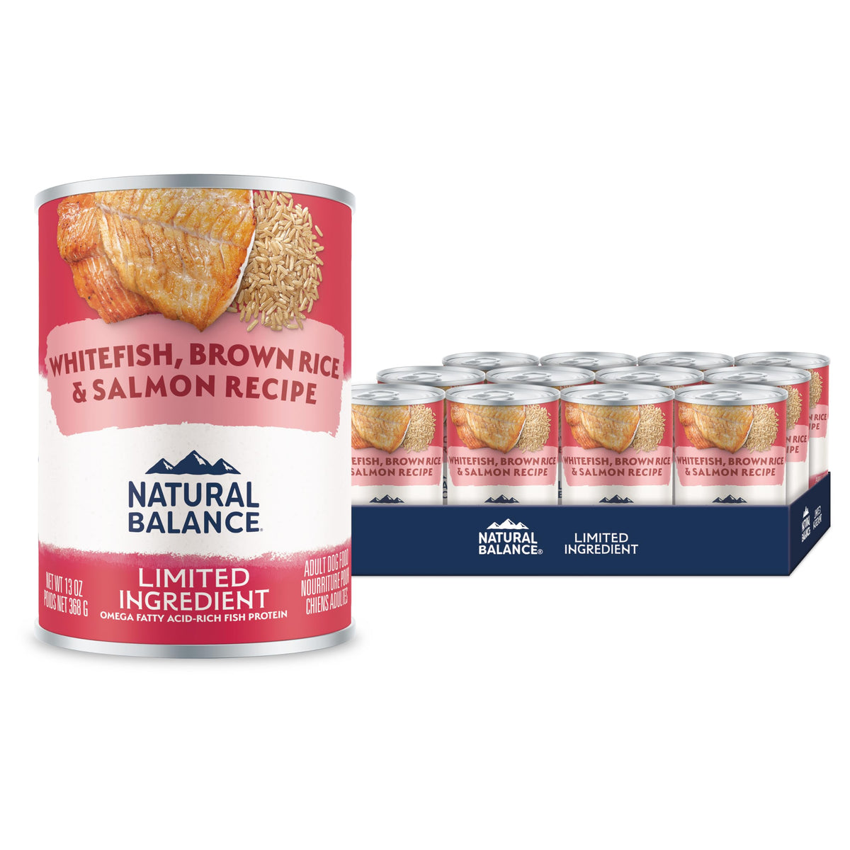 Natural Balance adult wet dog food can 12-pack with whitefish and salmon for lean muscles.