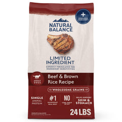 Natural Balance beef brown rice dry dog food bag shows 24-pound packaging for easy feeding.