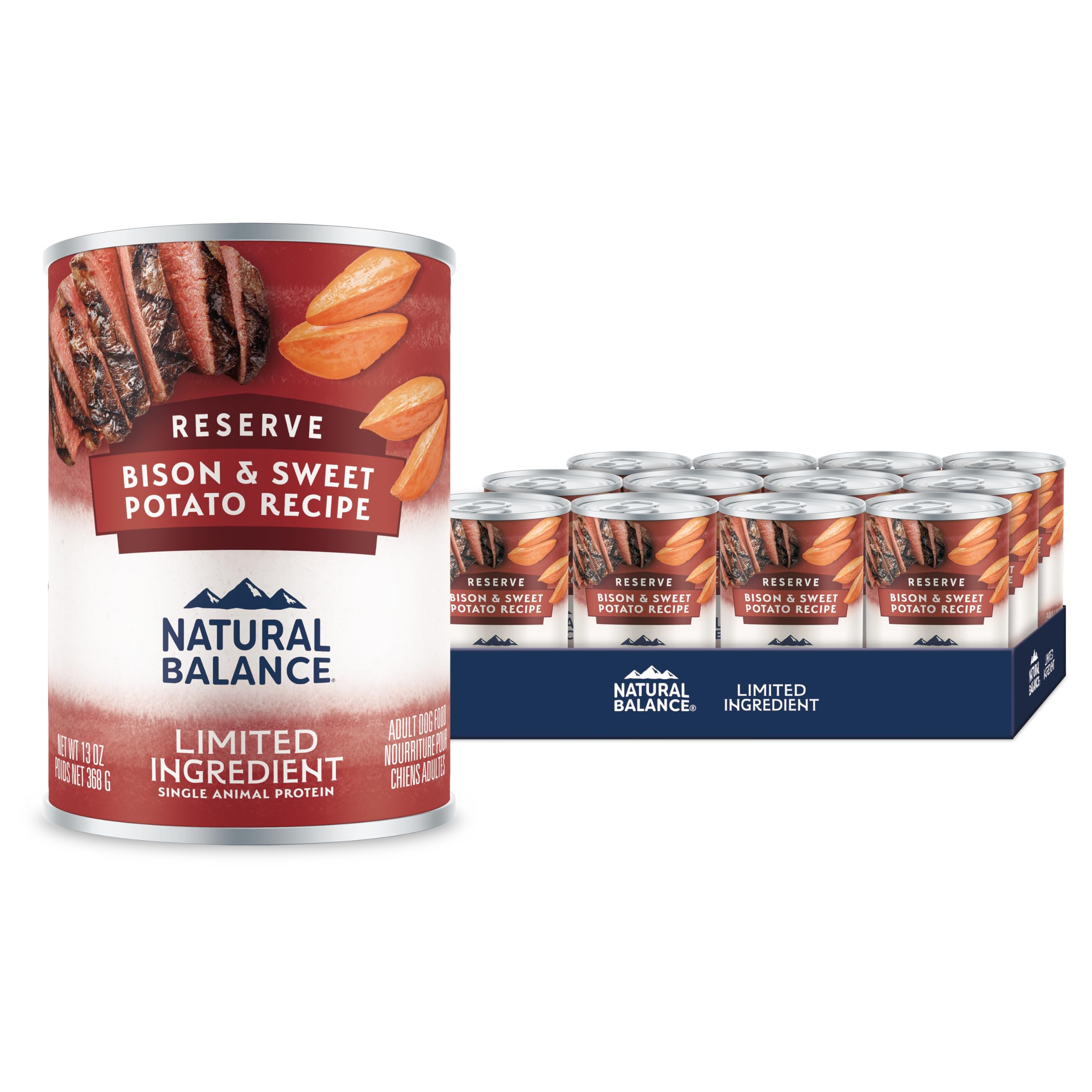 Natural Balance bison-sweet-potato wet dog food can, side view, 12-pack.