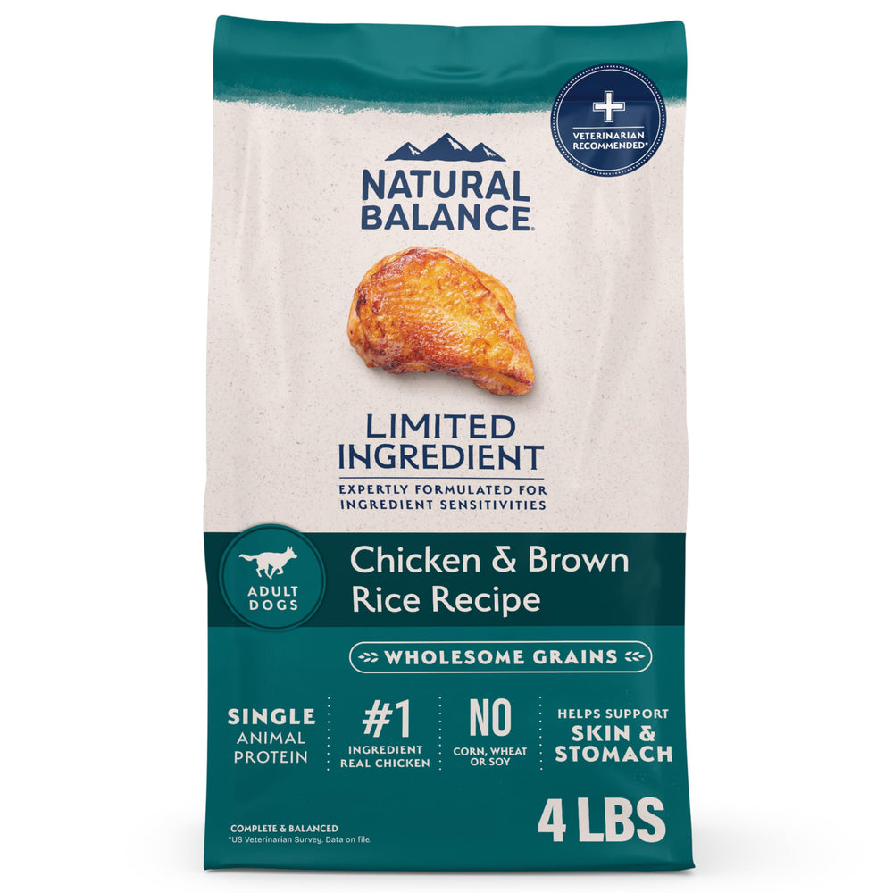 Natural Balance chicken-first-ingredient kibble highlights muscle support for dogs.