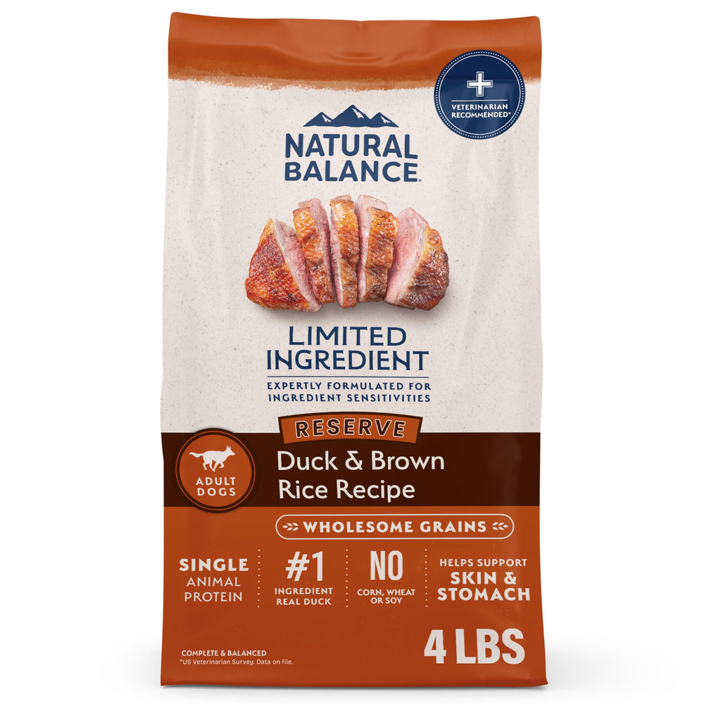Natural Balance duck-brown-rice-dry-dog-food-bag shows premium protein and fiber in a single bag