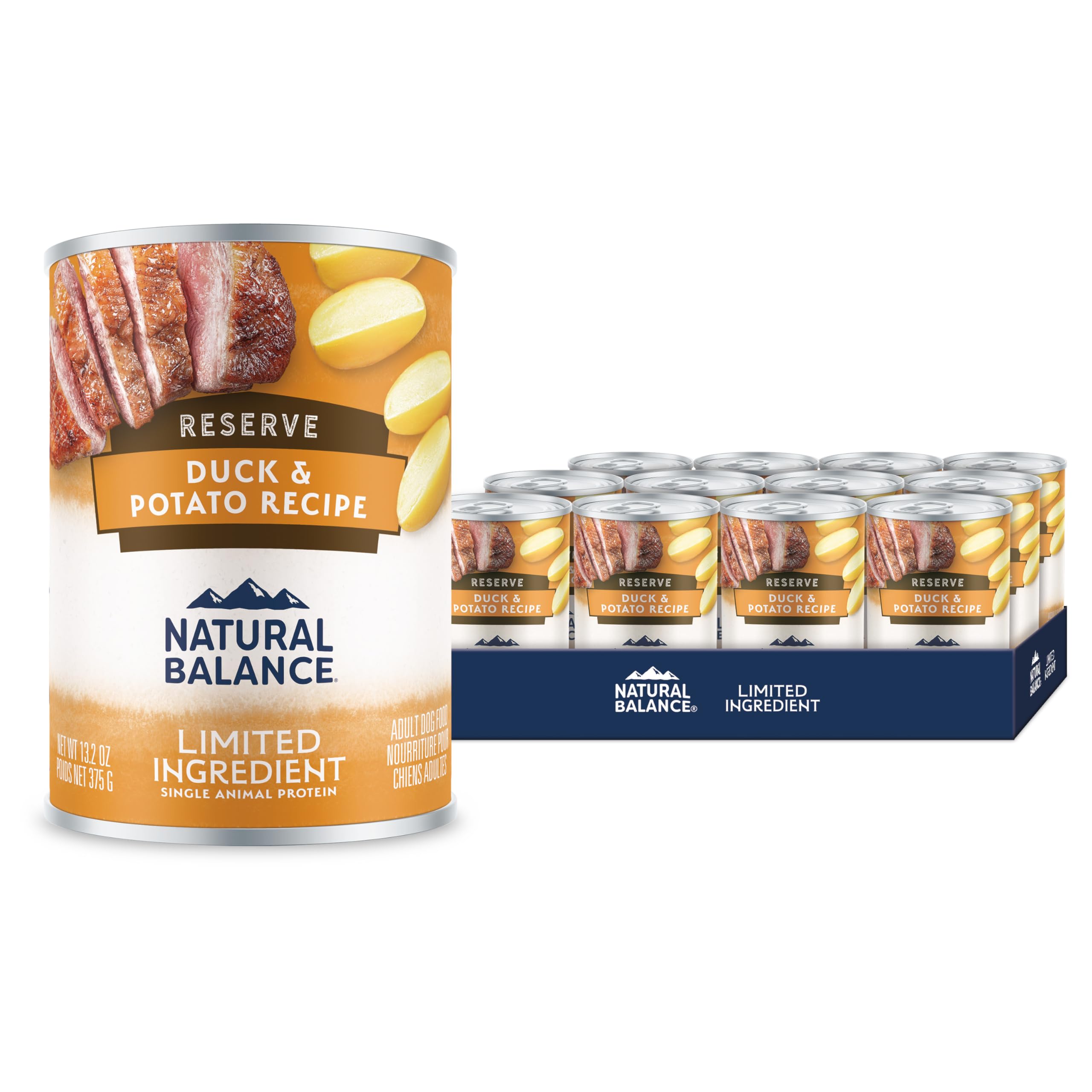 Natural Balance duck and potato canned dog food label highlights grain-free formula.