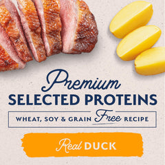Natural Balance duck potato recipe close-up emphasizing single protein source.