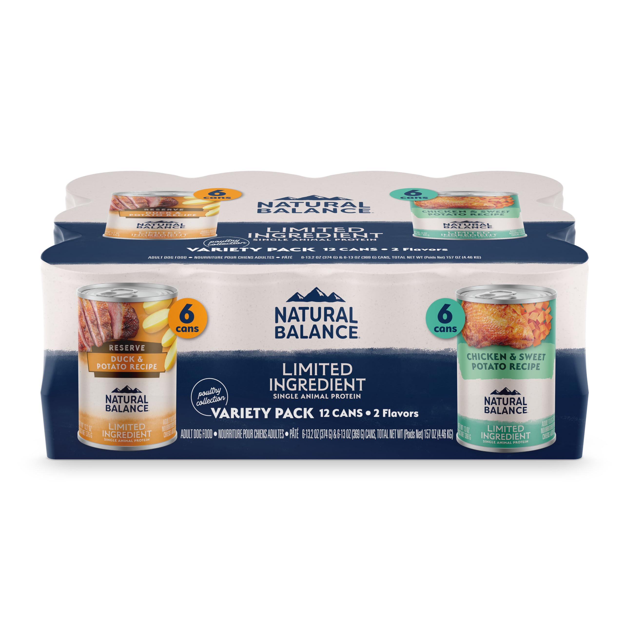 Natural Balance duck and potato wet dog food bag closeup for grain-free nutrition