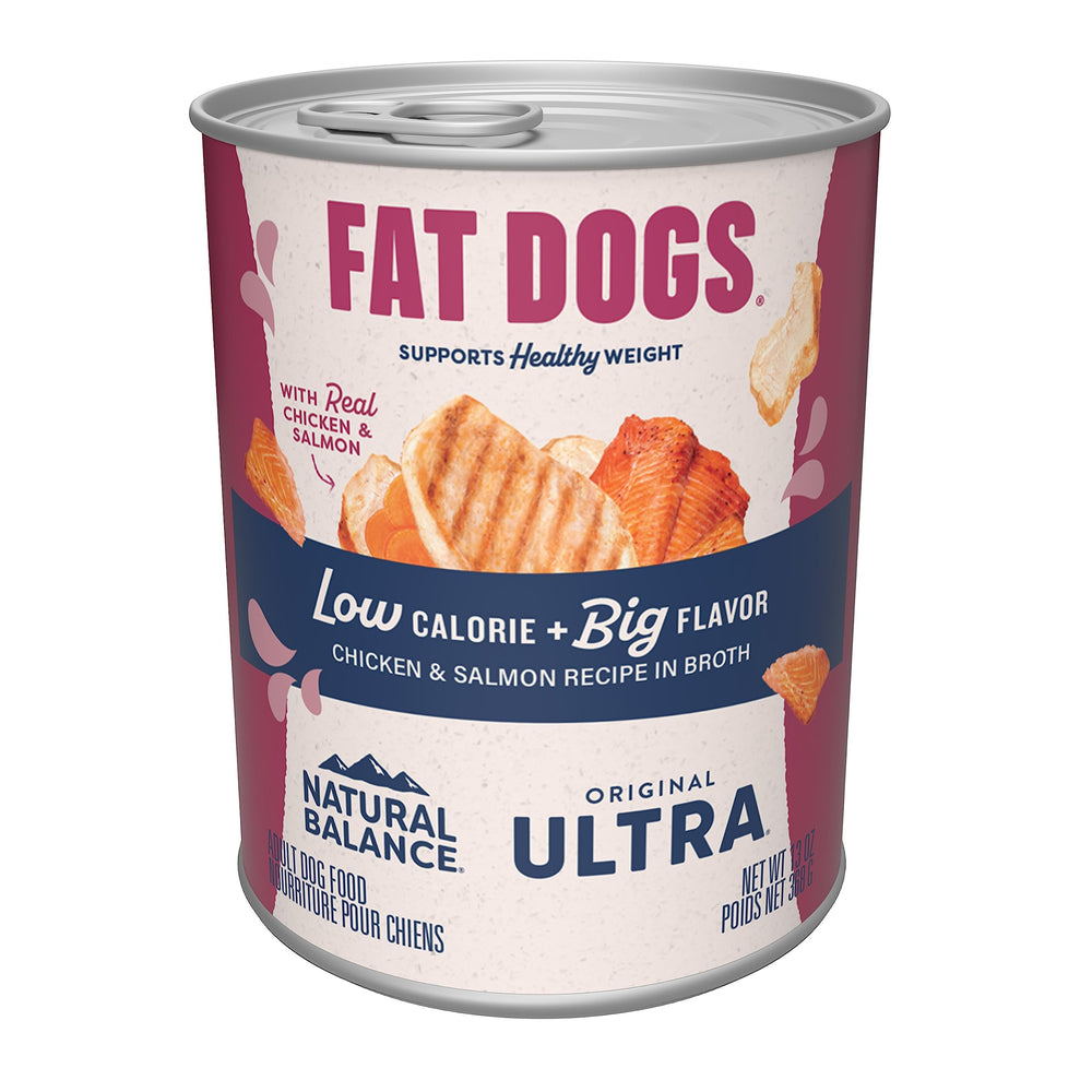 Natural Balance Fat Dogs wet food cans front view with real chicken and salmon in broth