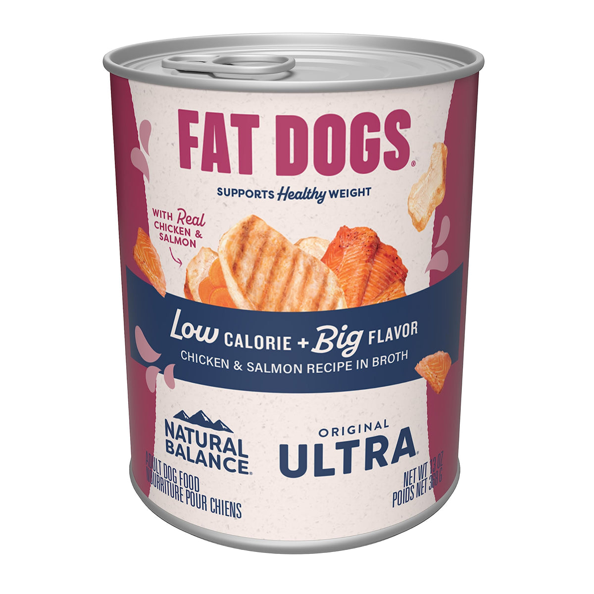 Natural Balance Fat Dogs wet food cans front view with real chicken and salmon in broth