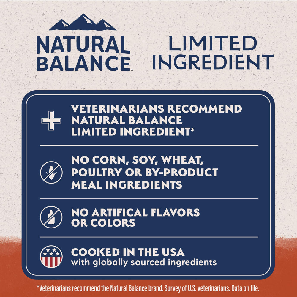Natural Balance grain-free recipe ingredients close-up for limited protein