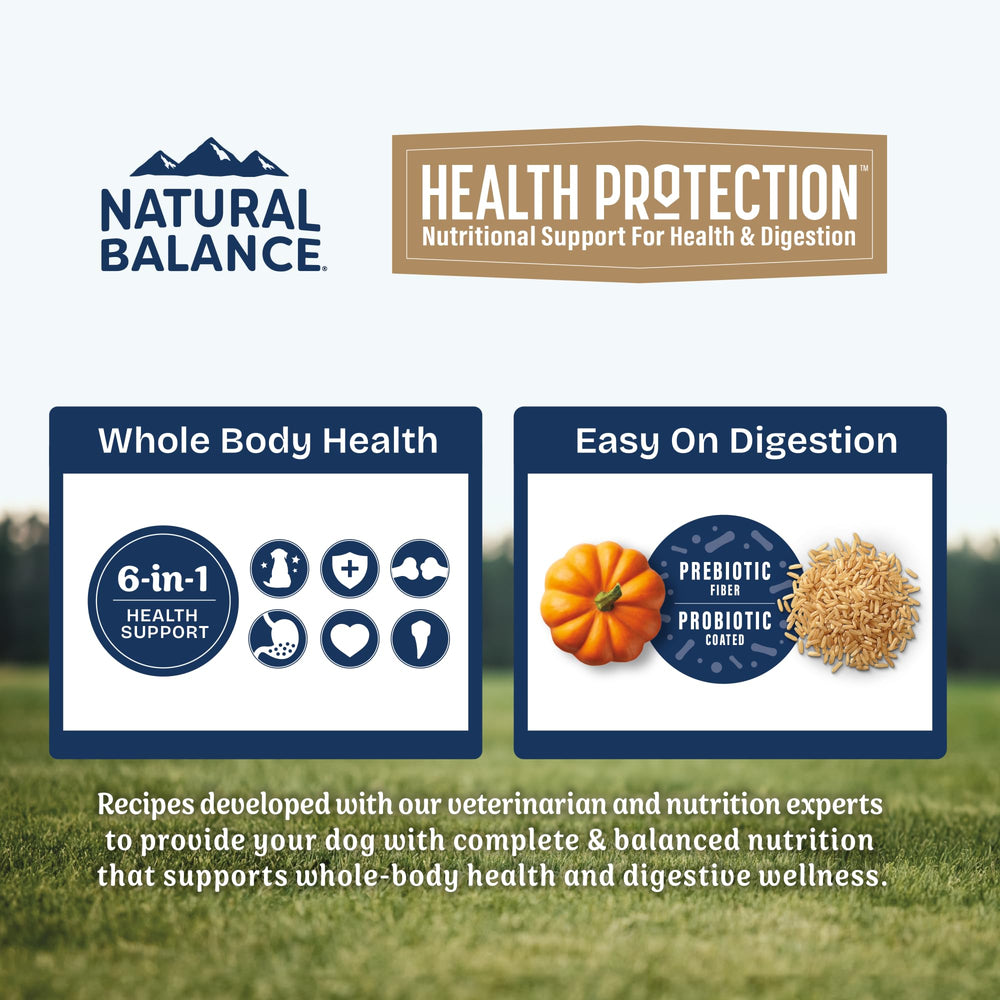 Brown rice and pumpkin in Natural Balance Health Protection for gentle fiber.