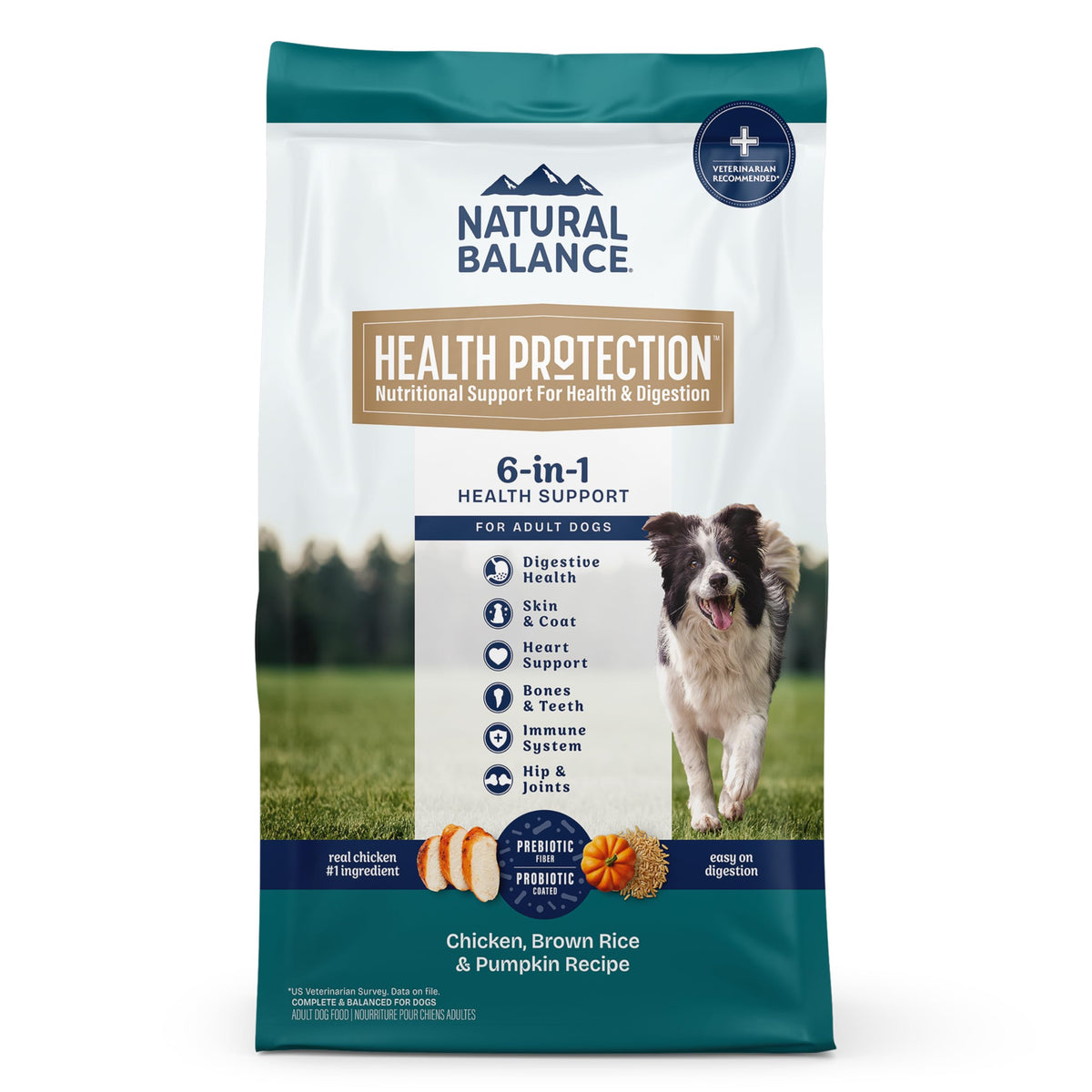 Natural Balance Health Protection dog food with real chicken first ingredient for digestible nutrition.