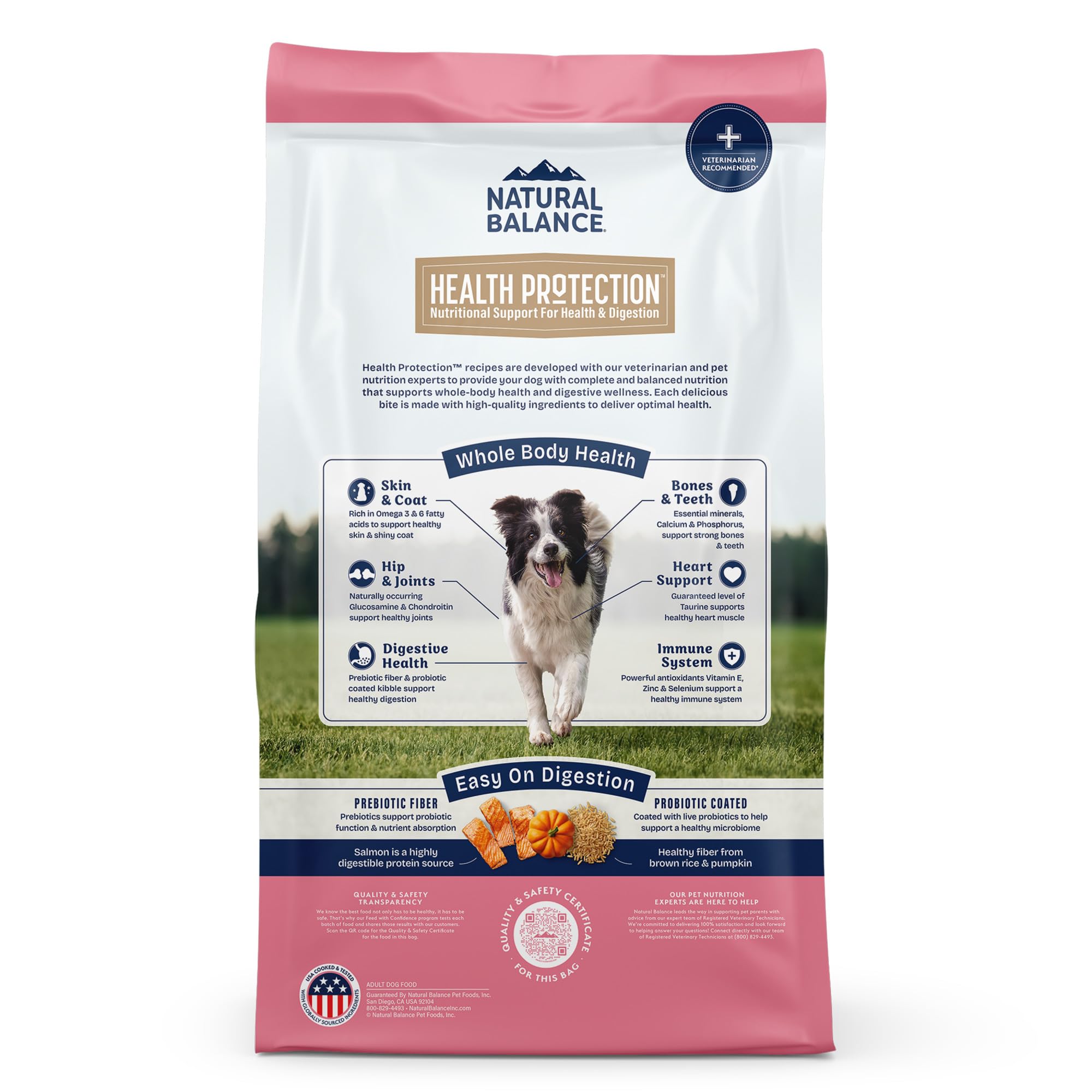 Natural Balance Health Protection bag front with salmon, pumpkin, and brown rice for balanced nutrition