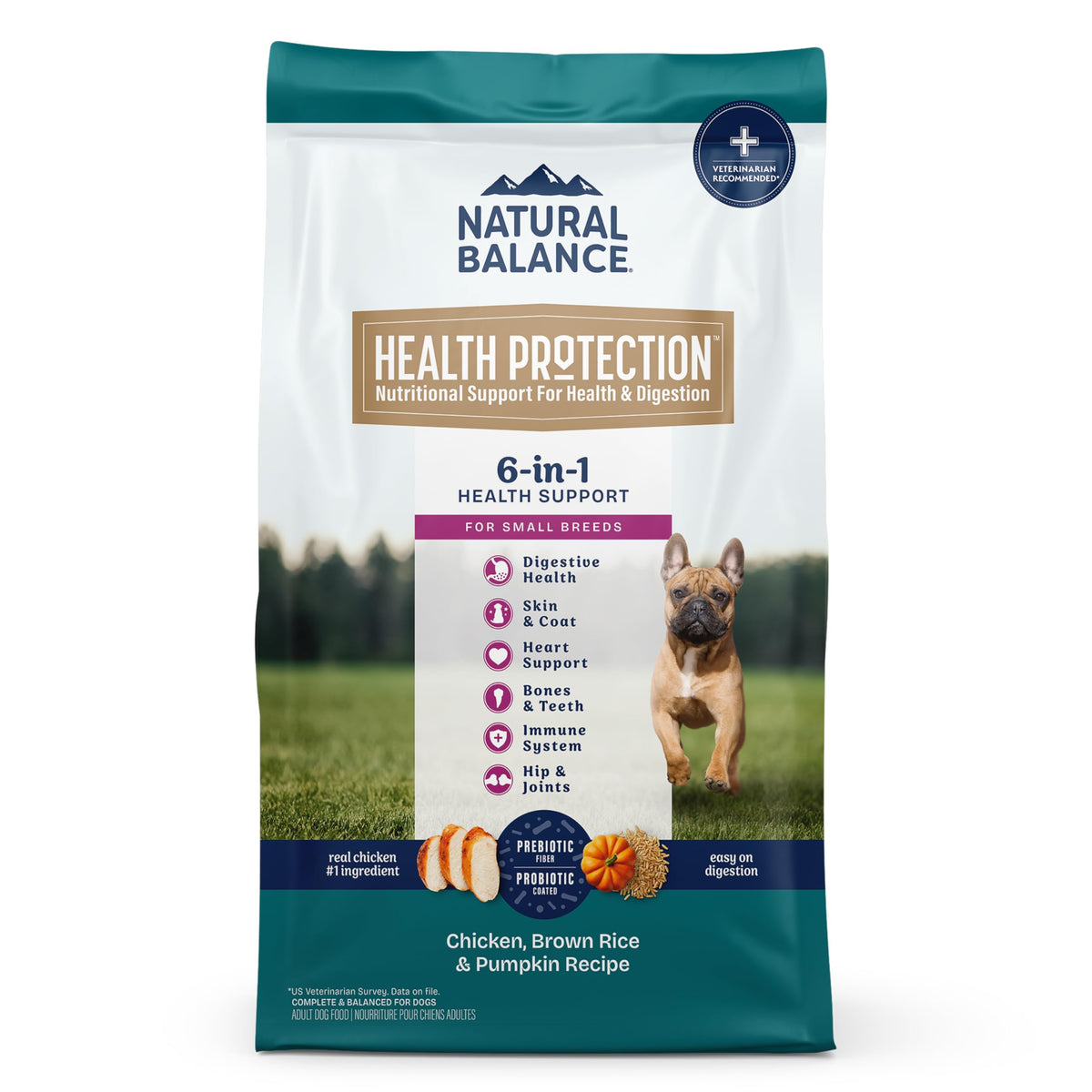 Natural Balance Health Protection small breed bag showing real chicken and wholesome ingredients for small dogs